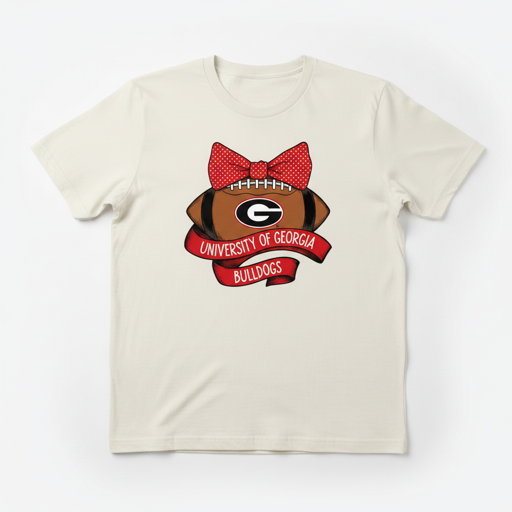 UGA Bulldogs bow football tee flat lay on ivory shirt
