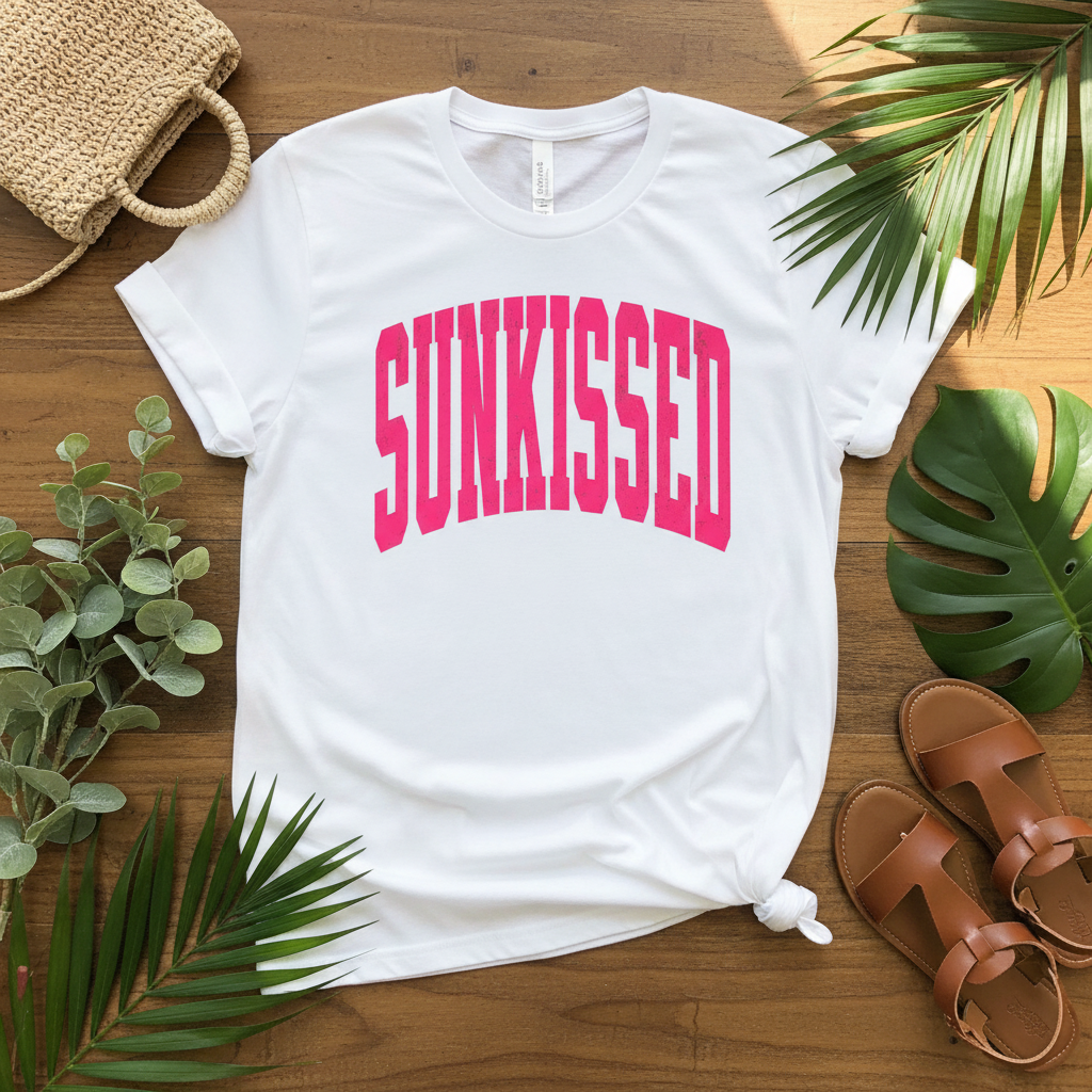 Sunkissed - white tee flat lay mockup