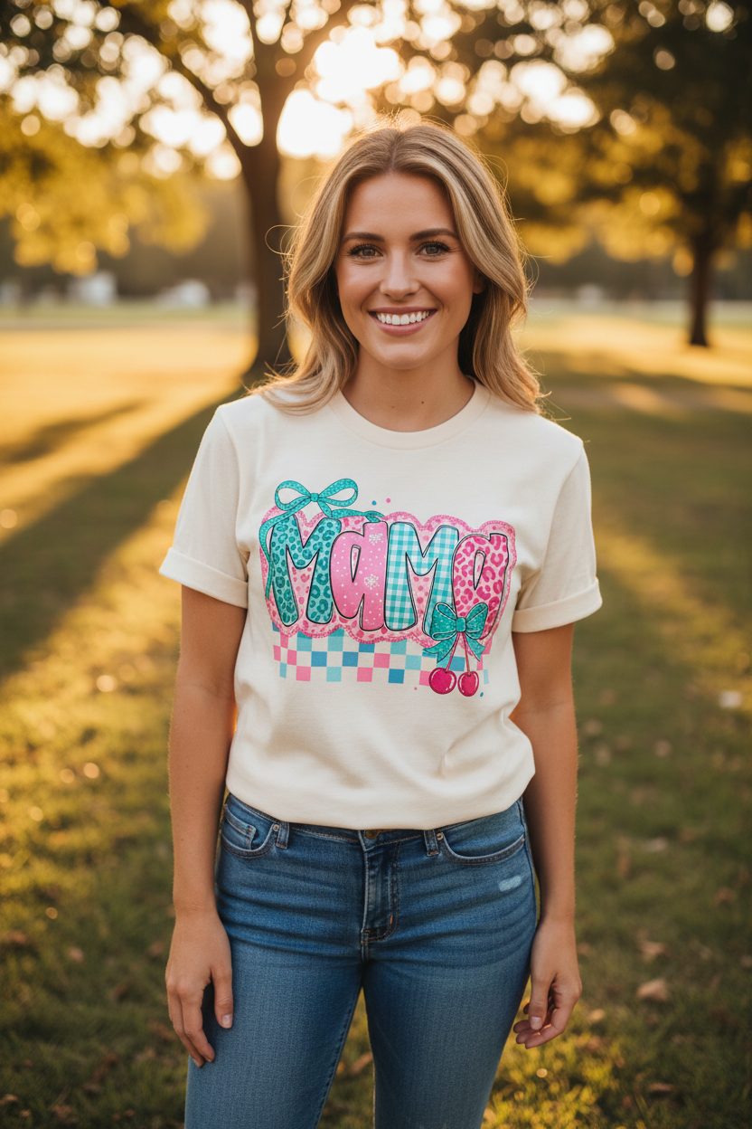 Woman wearing Cherry MAMA T-Shirt in ivory at a sunny park setting
