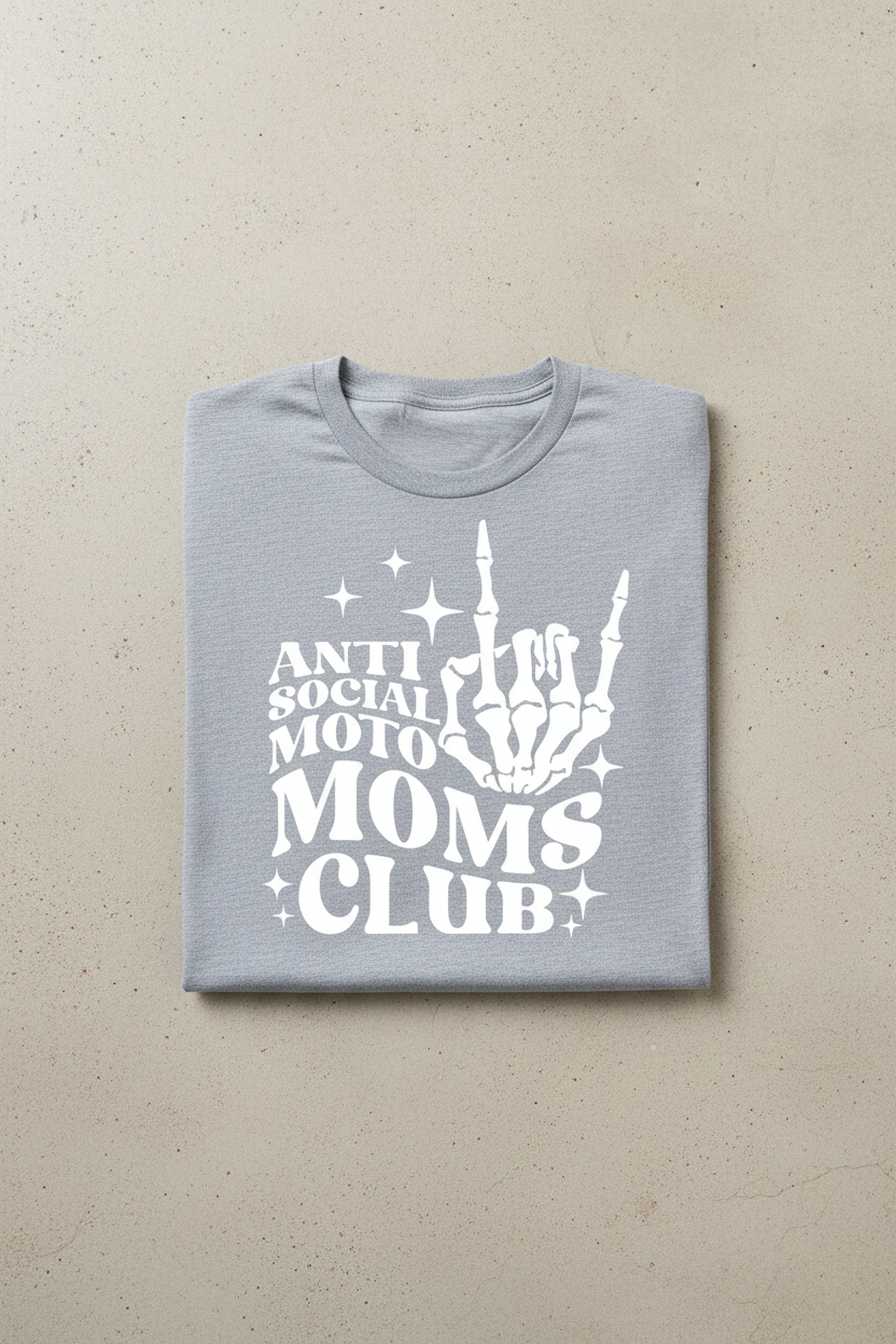 Anti Social Moto Moms Club white ink graphic on heather grey t-shirt