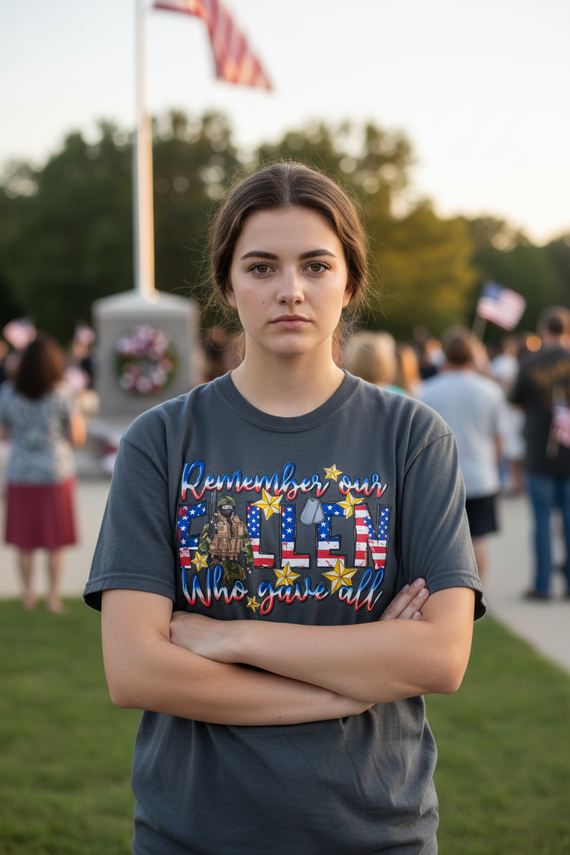 Woman wearing Remember Our Fallen Who Gave All T-Shirt in charcoal gray at a Memorial Day event