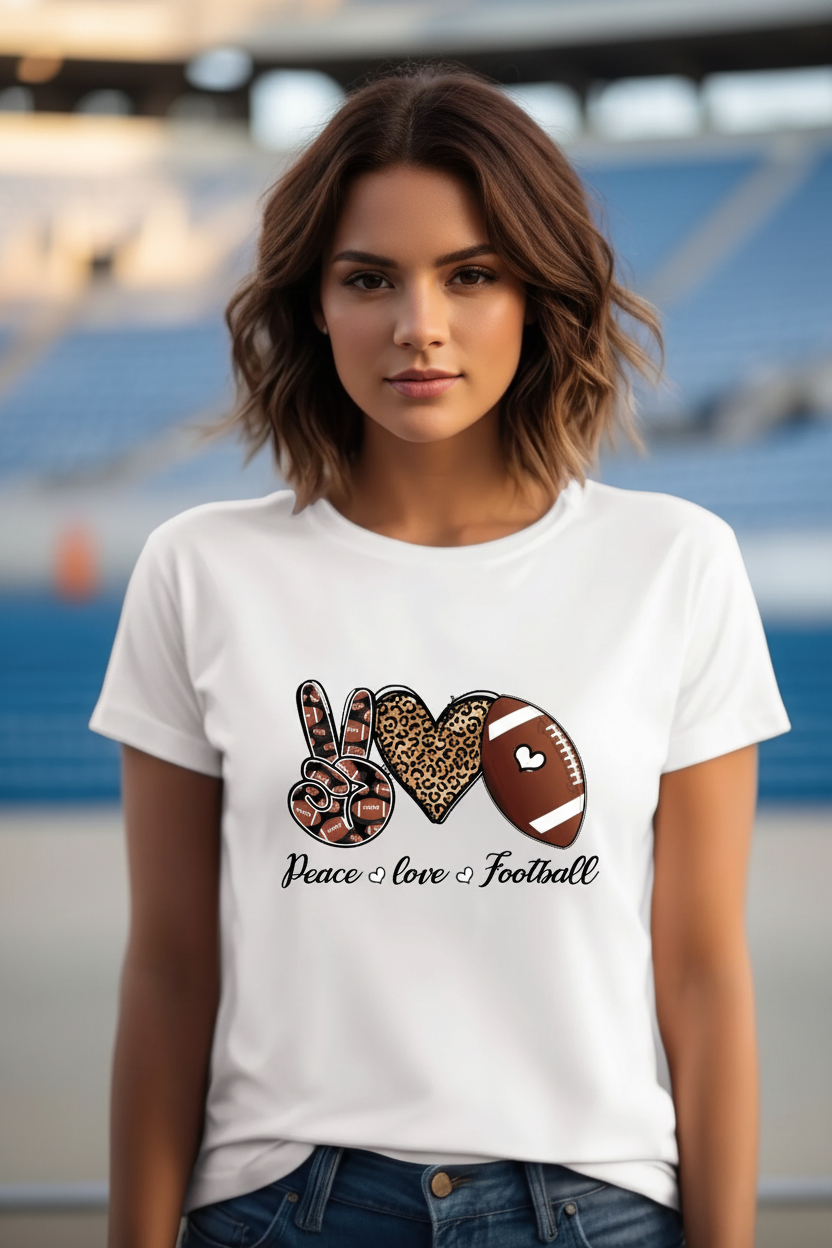 Woman at stadium wearing white Peace Love Football graphic tee with peace sign, leopard heart, and football design