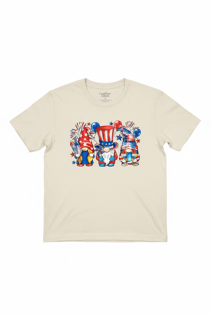 4th of July Gnome Trio T-Shirt flat lay on natural ivory tee showing three festive patriotic gnomes