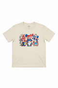 4th of July Gnome Trio T-Shirt flat lay on natural ivory tee showing three festive patriotic gnomes