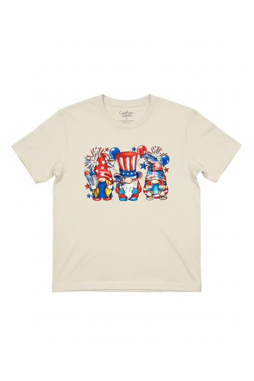 4th of July Gnome Trio T-Shirt flat lay on natural ivory tee showing three festive patriotic gnomes