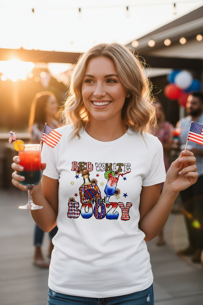 Woman wearing Red White and Boozy T-Shirt at a festive 4th of July party