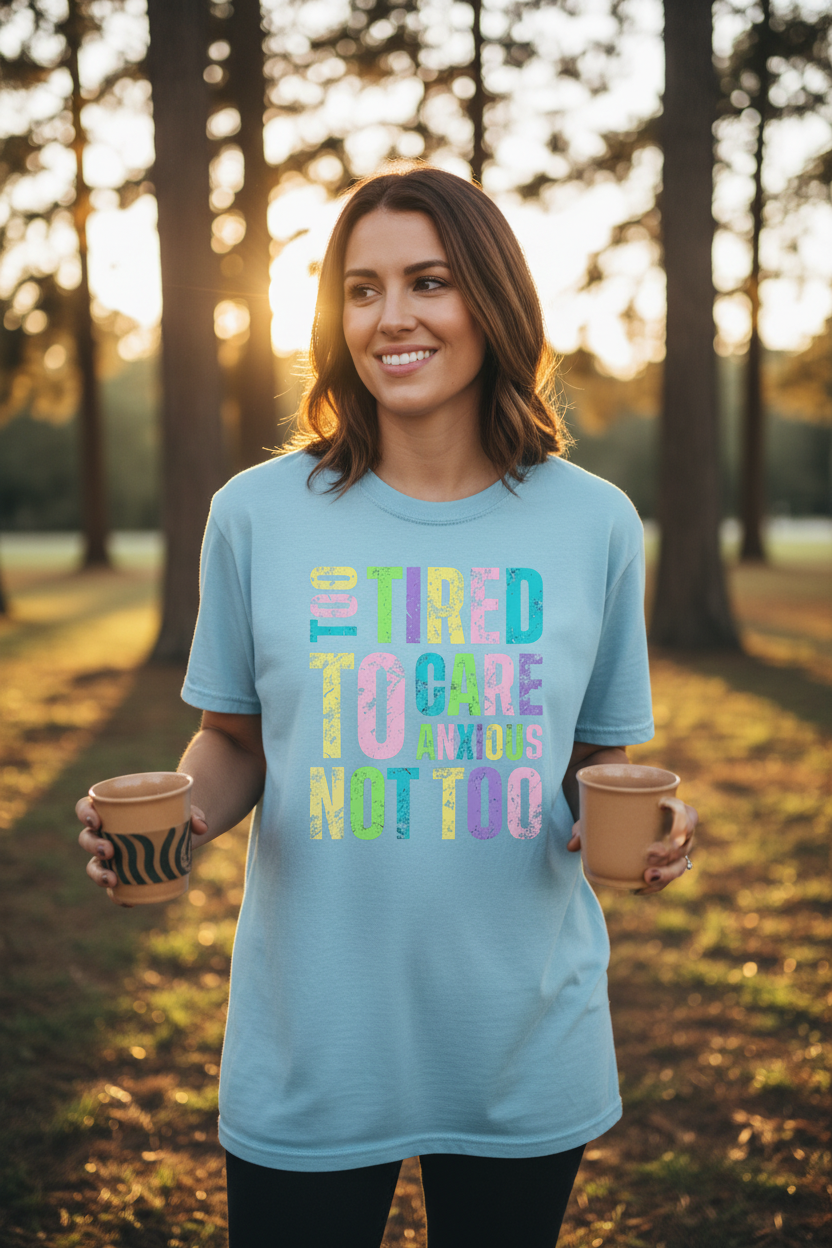 Woman wearing Too Tired To Care Anxious Not Too T-Shirt in light blue in a fun casual outdoor lifestyle photo
