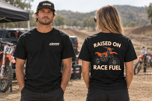 Lifestyle mockup of the black Kerr Moto Co shirt, front and back