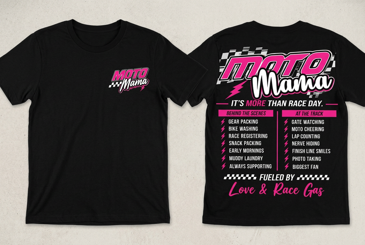 Moto Mama black tee front-and-back flat lay