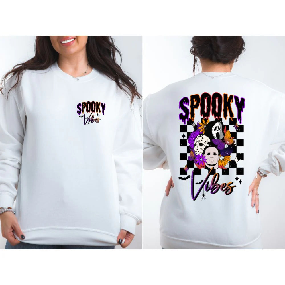Spooky Vibes Horror Movie Sweatshirt | Front & Back Checkered Halloween Crewneck