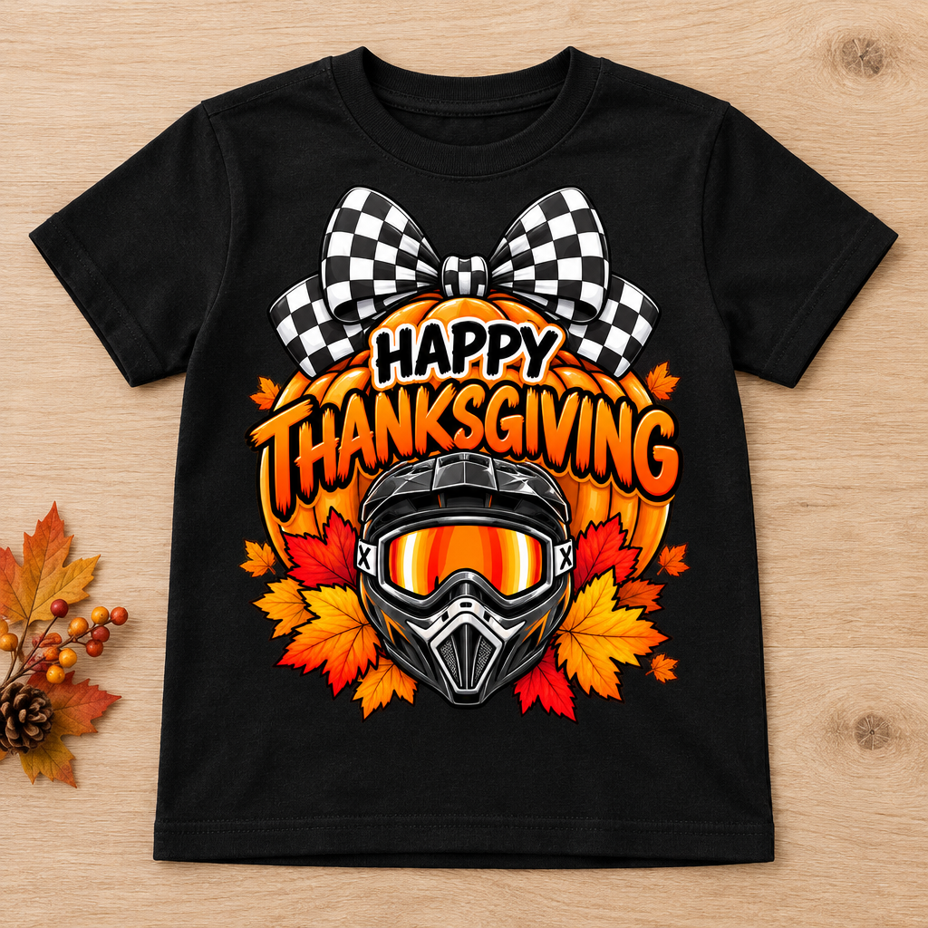Youth Happy Thanksgiving bow black tee flat lay